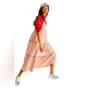 Free People Natalie Midi Maxi Dress Tier Ruffle Clay Shell Distress Gauzy